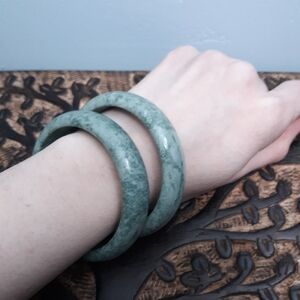 Lot of 2, Elegant Green & White, Chinese Jade Bangle Bracelets 2.25" gap
